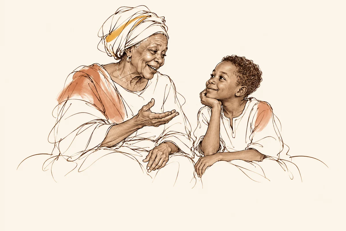 Gesture drawing of a grandmother smiling as she tells a story to her grandson, who leans in to listen.