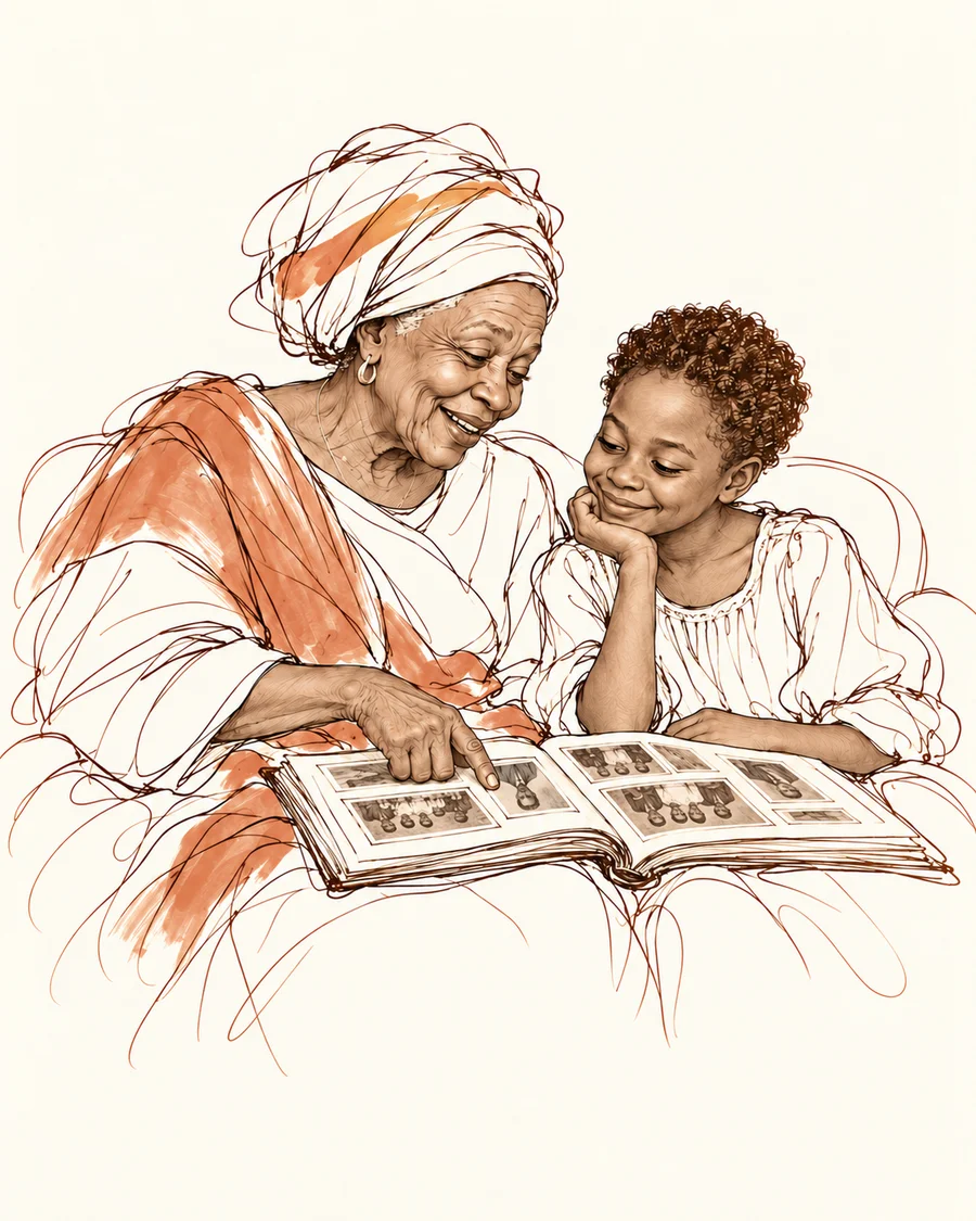 Loose ink drawing of a grandmother and granddaughter smiling over the photographs in a family album.